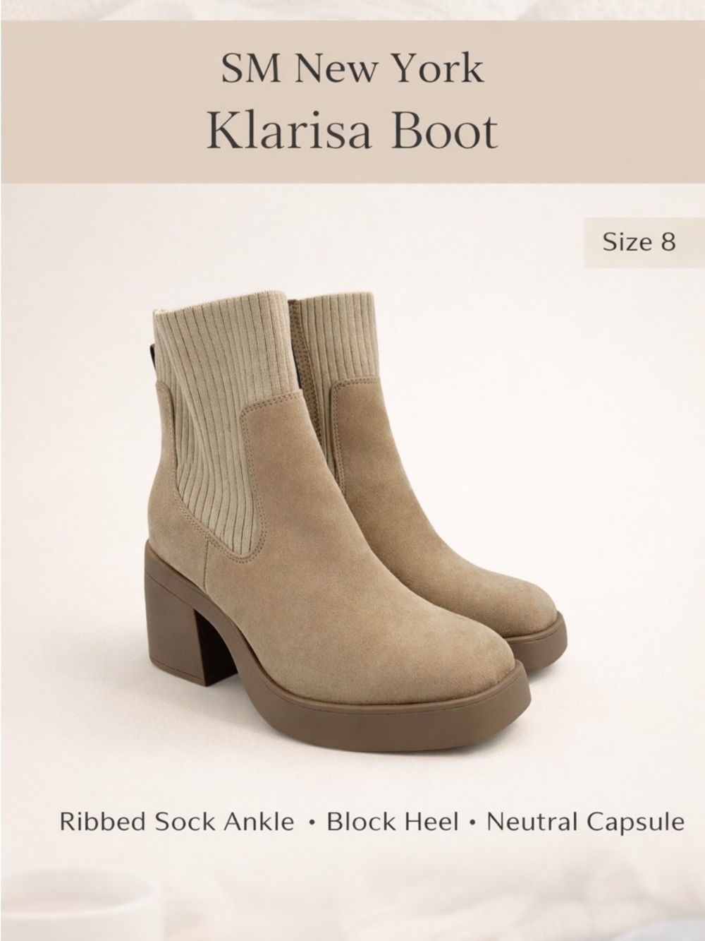SM New York Klarisa Sock Boot Neutral Taupe Faux Suede Block Heel Size 8